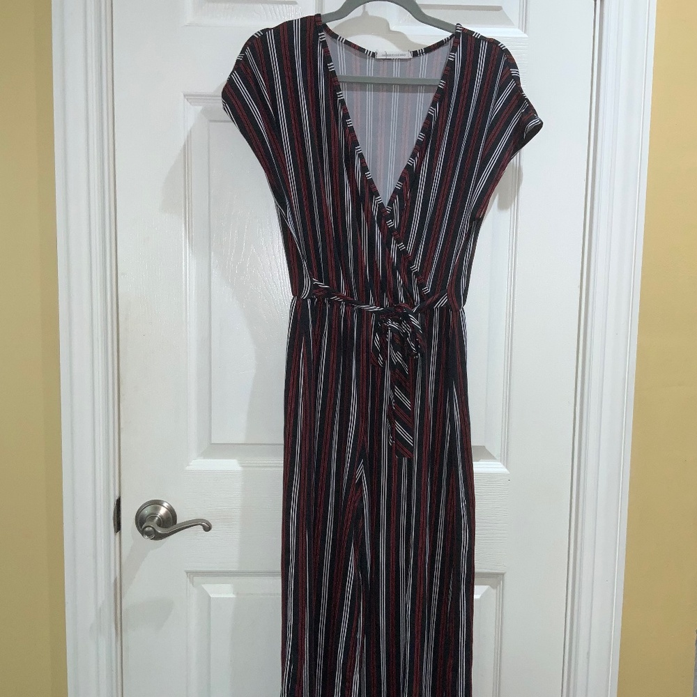 Caution To The Wind faux wrap striped jumpsuit msr as L stretch waist side tie